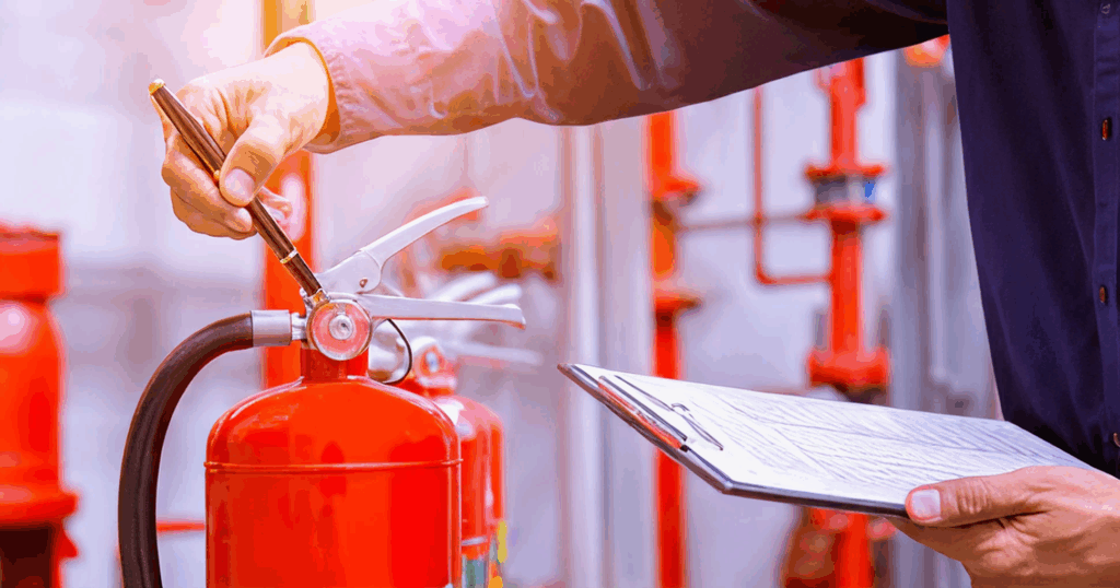 Person inspecting a fire extinguisher.